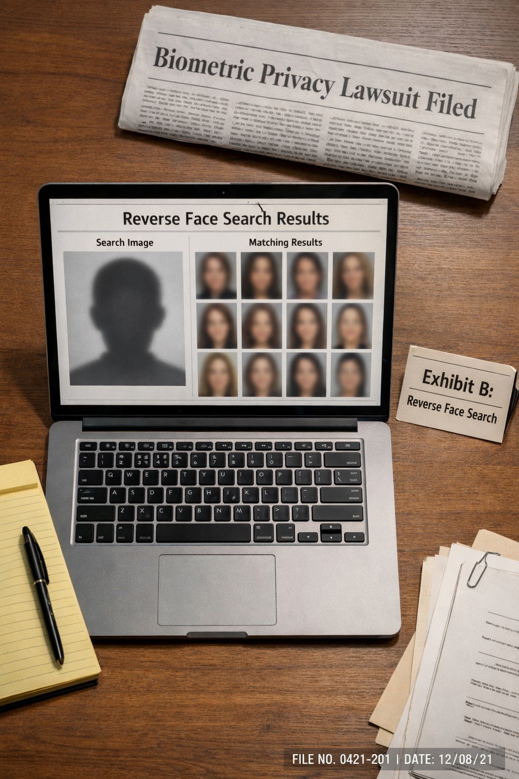 Illustrative reverse face search interface displayed on a laptop, with blurred faces and a biometric privacy lawsuit headline visible nearby