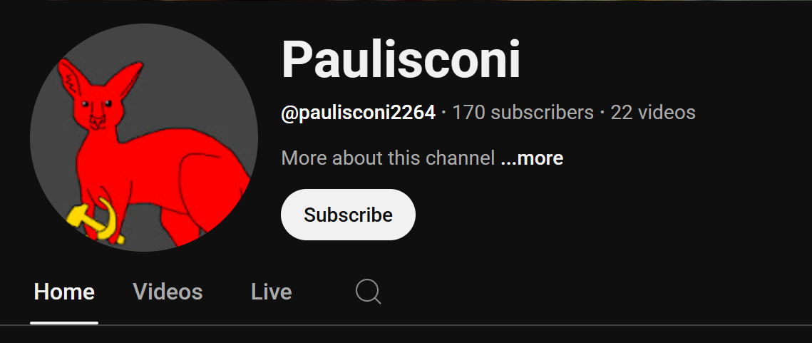Screenshot of Paul Mulholland’s YouTube channel showing hammer-and-sickle imagery incorporated into the channel branding